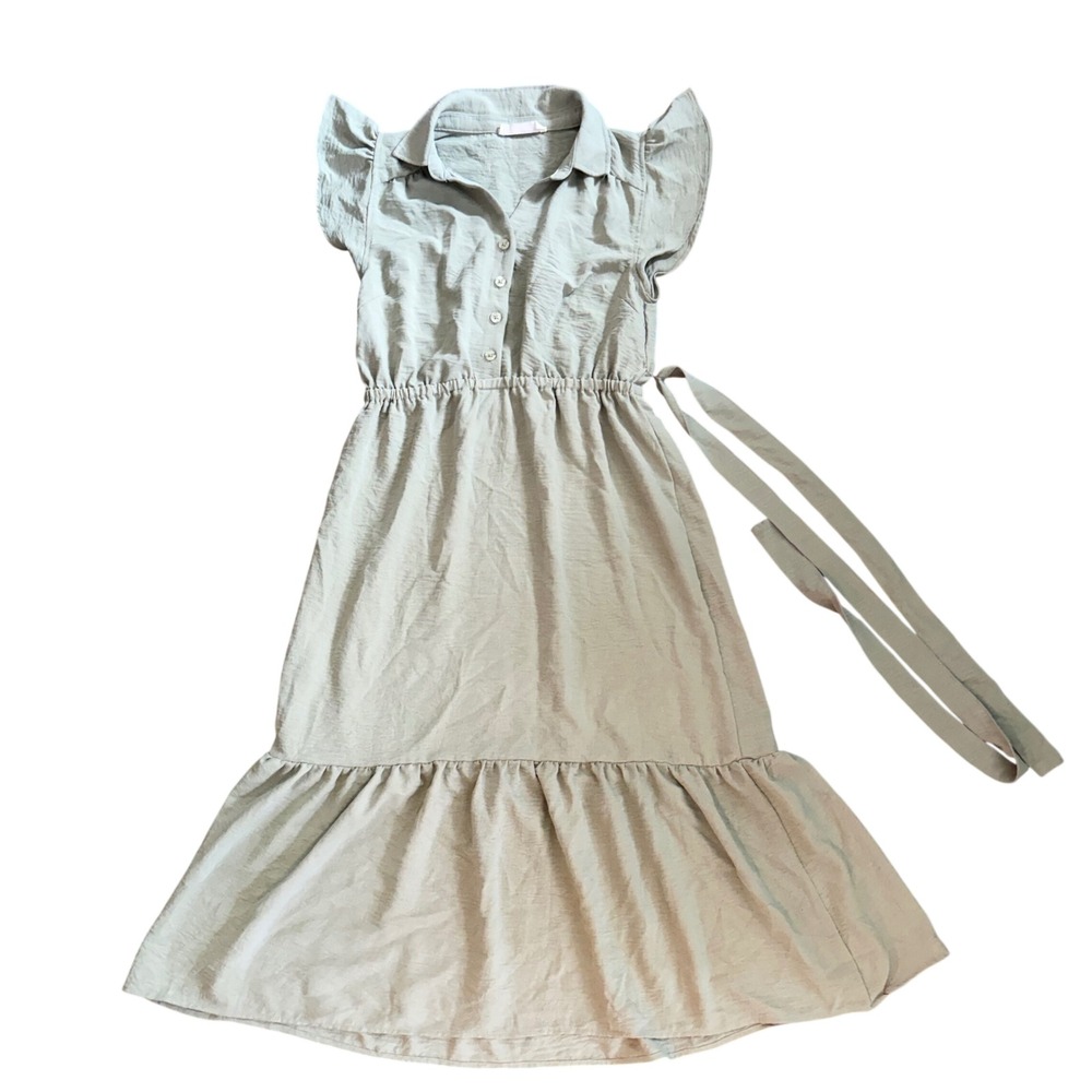 Lucky Brand Sage Green Flutter Sleeve Midi Dress Tiered Ruffle Hem Womens Small